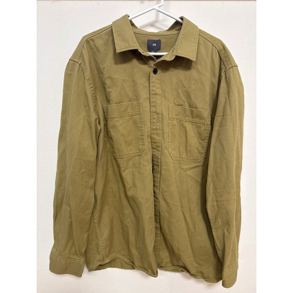 HM Mens XL Long Sleeve Button Down Utility Shirt Olive Green Cotton Twill Pocket